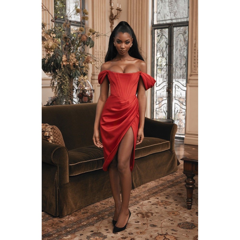 RED SATIN OFF THE SHOULDER COURSET DRESS